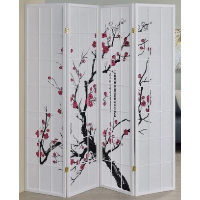 Plum Blossom Tree 4 Panel Shoji Screen - WHITE