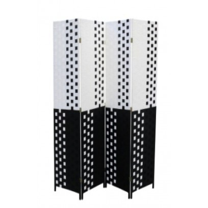Black/White Straw Weave 4 Panel Screen, Handcrafted 