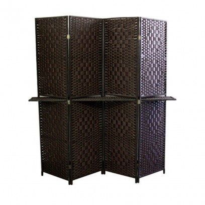 4 Panel Espresso Brown Straw Weave W/ One 63″L Shelving , Handcrafted 
