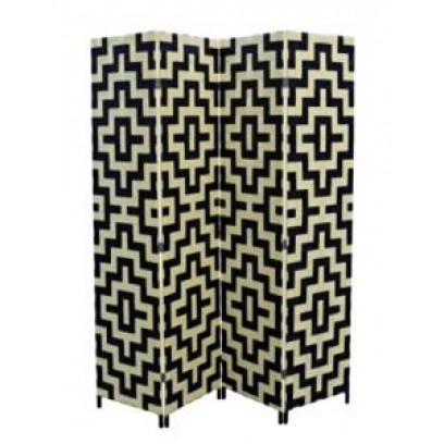 Black/Beige Straw Weave 4 Panel Screen, Handcrafted 