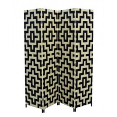 Black/Beige Straw Weave 4 Panel Screen, Handcrafted 